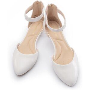 Women White Pu Faux Leather Closed Toe Ankle Strap Low Wedge Heel Shoes